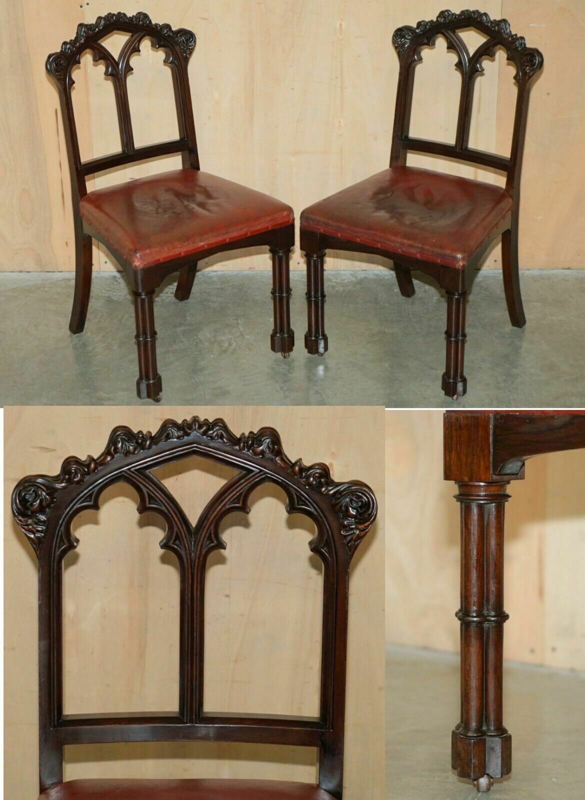 Pair Of Antique Gothic A.W.N Pugin Side Chairs Chippendale Cluster Column Legs