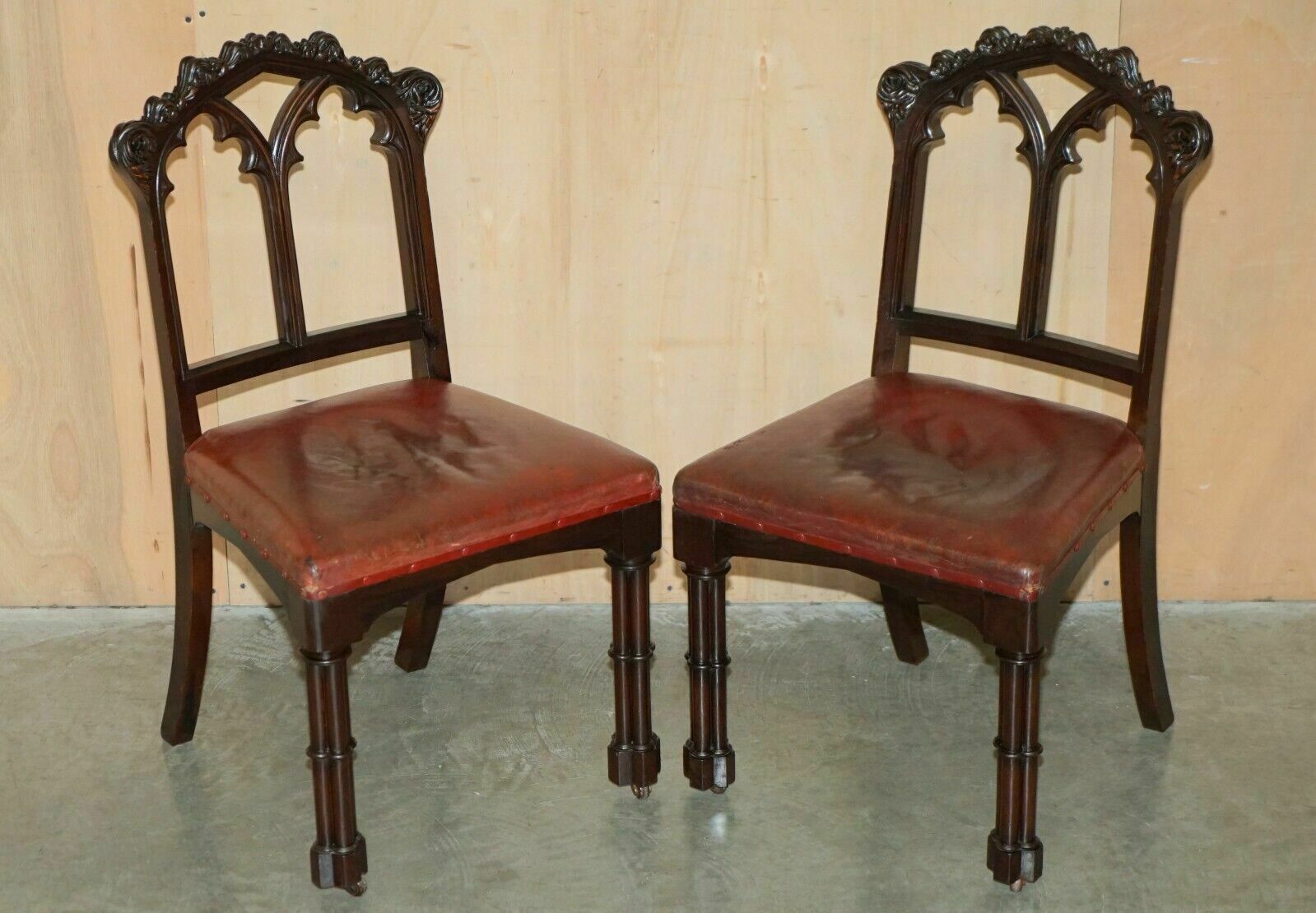 Pair Of Antique Gothic A.W.N Pugin Side Chairs Chippendale Cluster Column Legs photo furniture