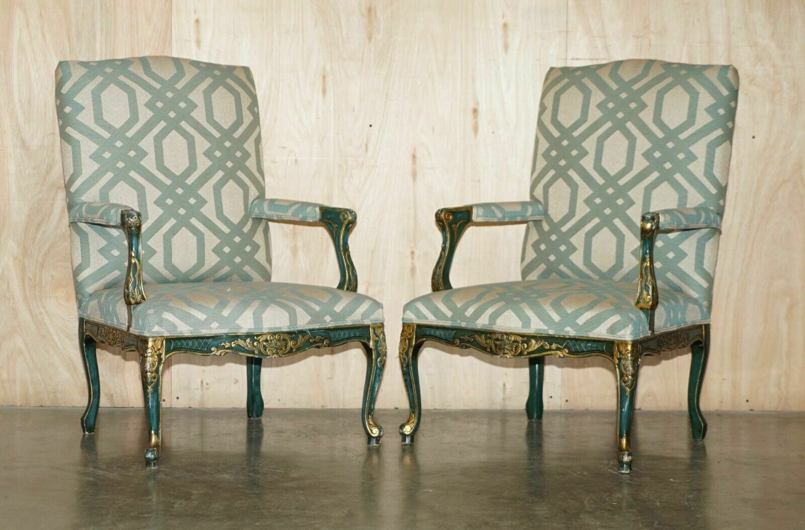 Pair Of Vintage Painted Green French Fratelli Armchairs Ornately Carved Frames
