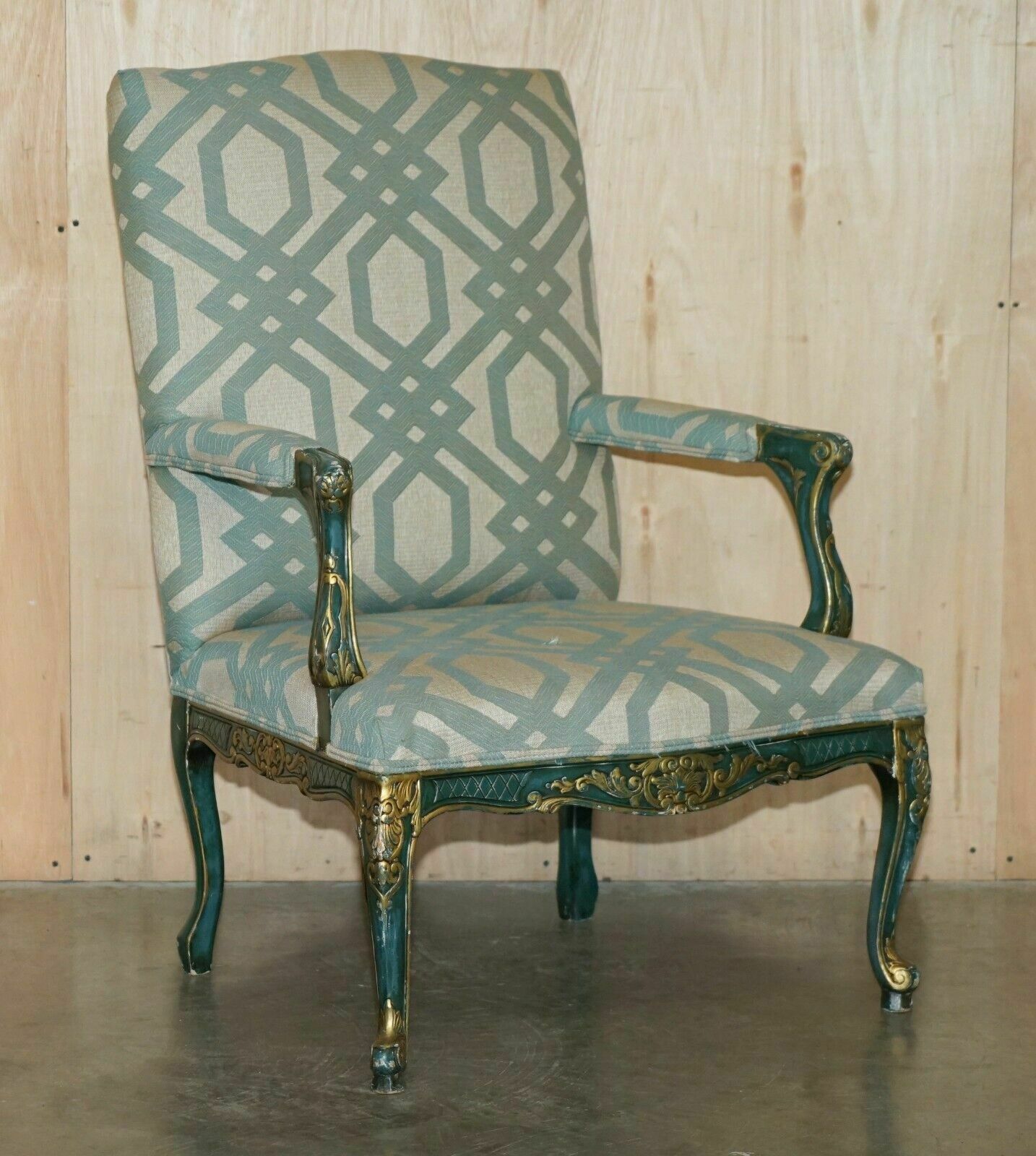 Pair Of Vintage Painted Green French Fratelli Armchairs Ornately Carved Frames photo furniture