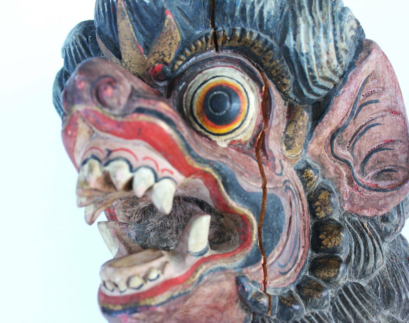 Tribal Hand Carved Barong Head, Wooden Balinese Singha , A Winged Lion, Figurine, Collectible Indonesian Art Decor photo vintage