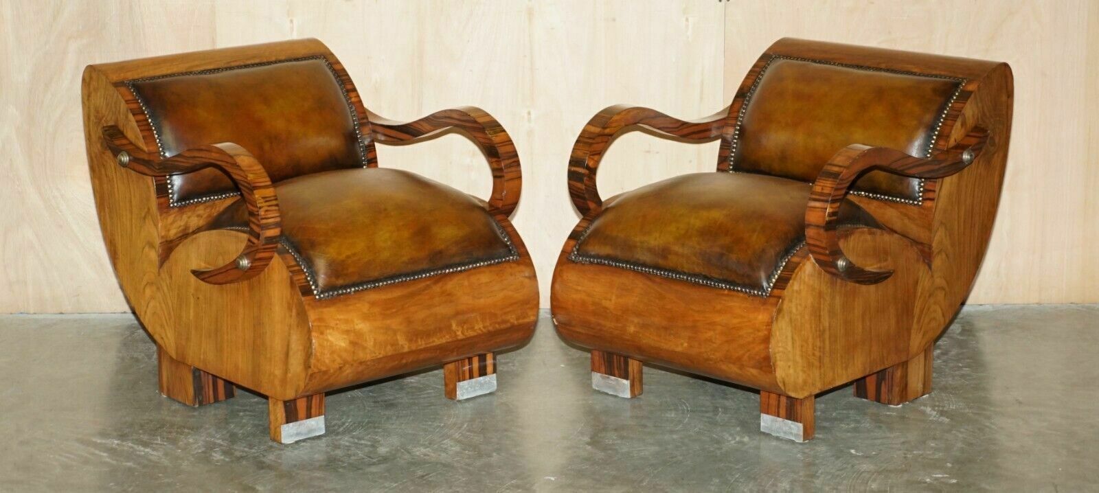 Fully Restored Art Deco Circa 1920's Zebrano Brown Leather Sofa Armchair Suite photo furniture