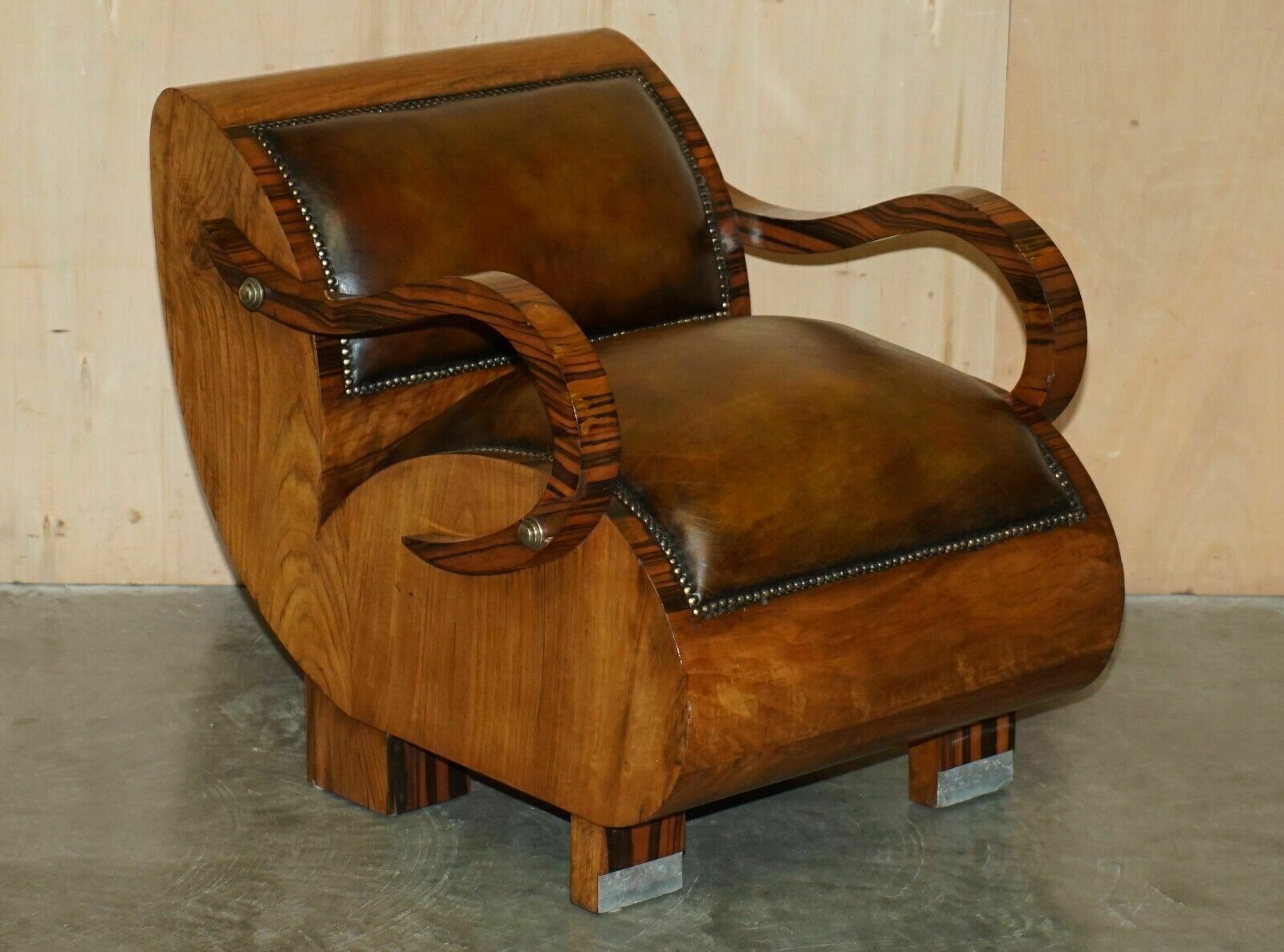 Fully Restored Art Deco Circa 1920's Zebrano Brown Leather Sofa Armchair Suite photo for sale