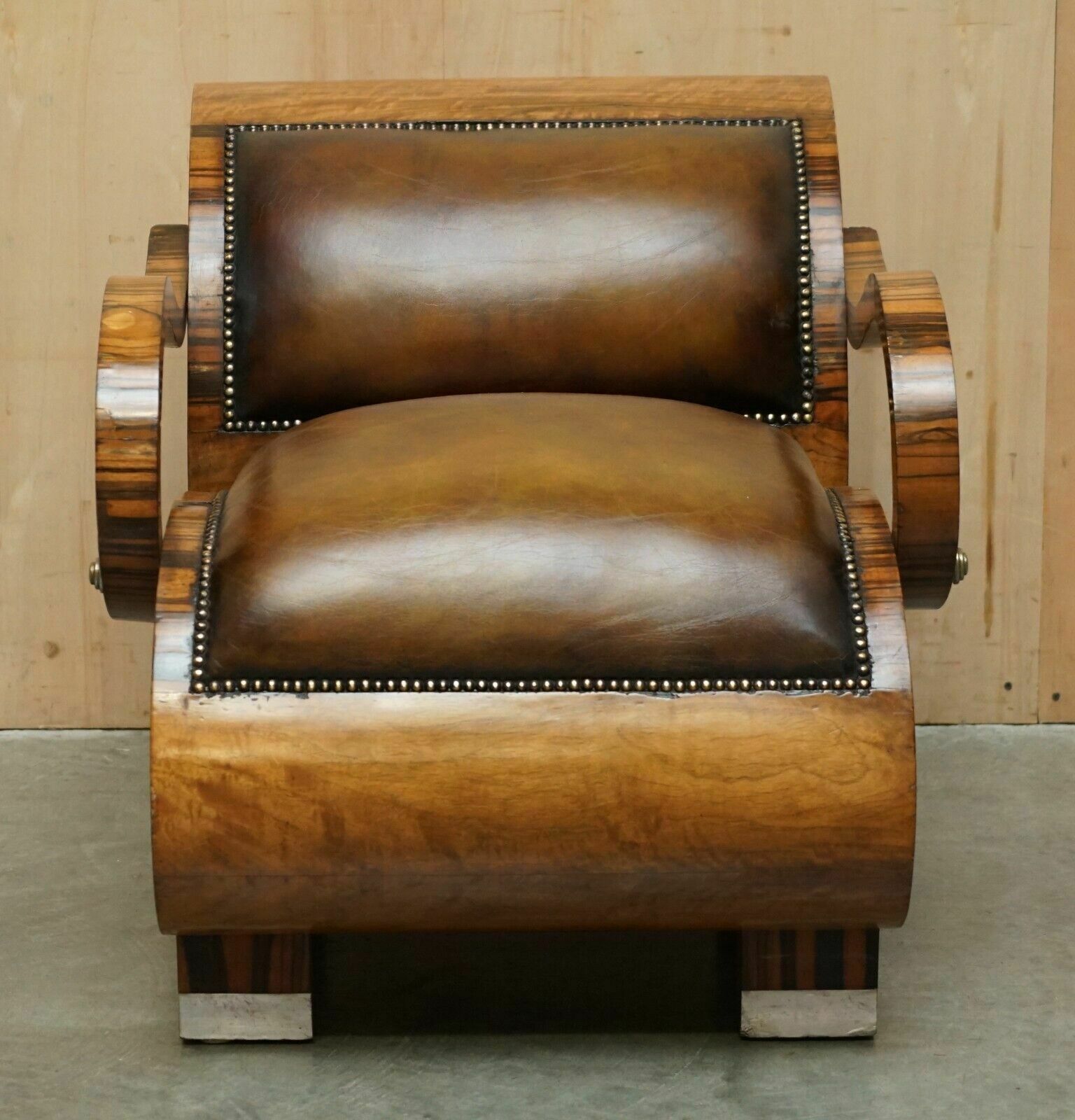 Fully Restored Art Deco Circa 1920's Zebrano Brown Leather Sofa Armchair Suite photo Furniture