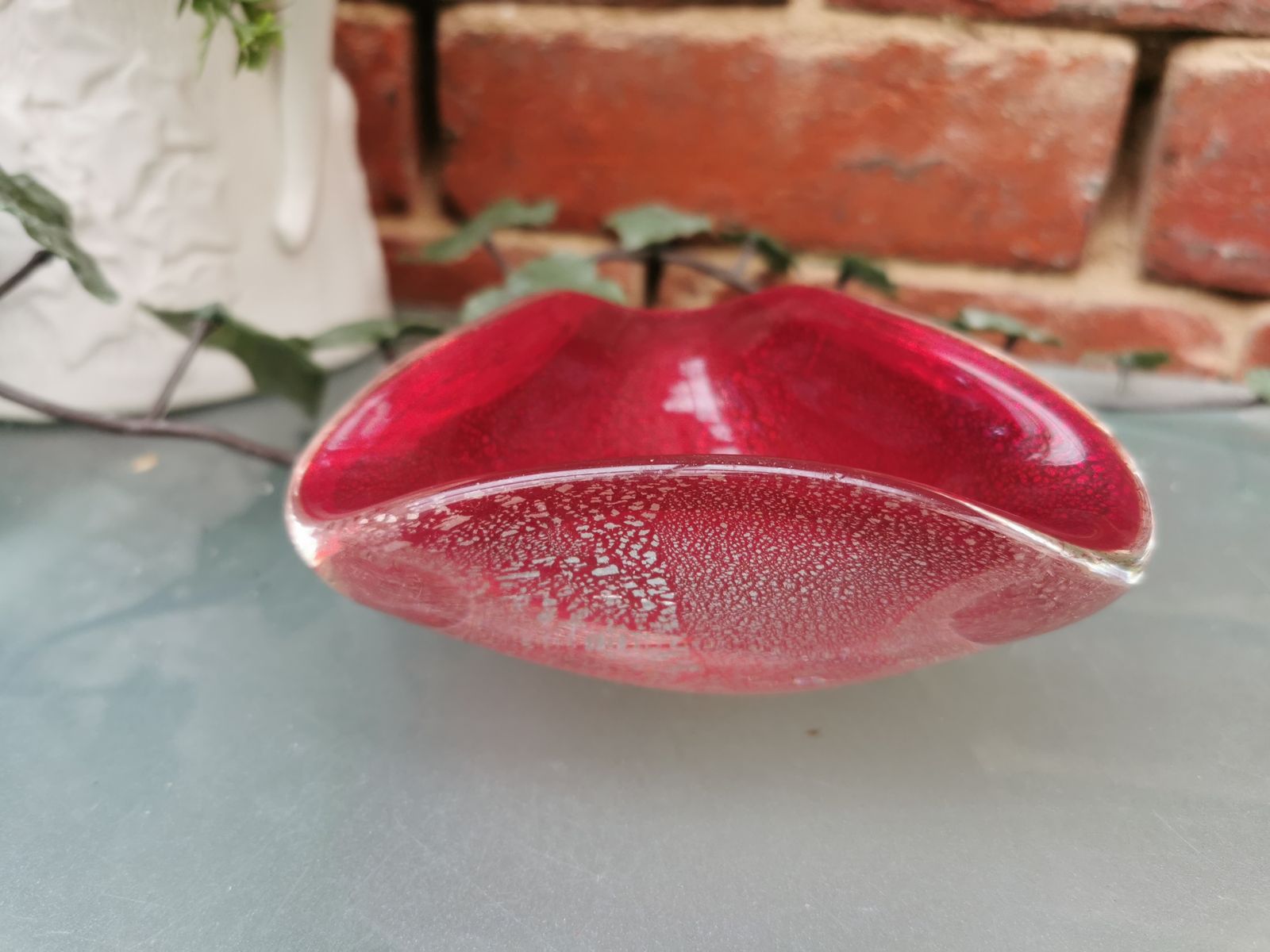 Mid Century Murano Barbini Red Bowl With Silver Leaf photo Home Decor
