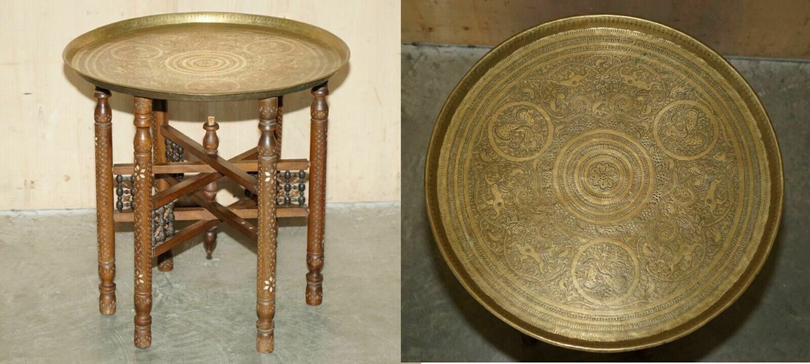 Antique Hand Carved Liberty's London Moroccan Folding Tray Table Zodiac Etchings