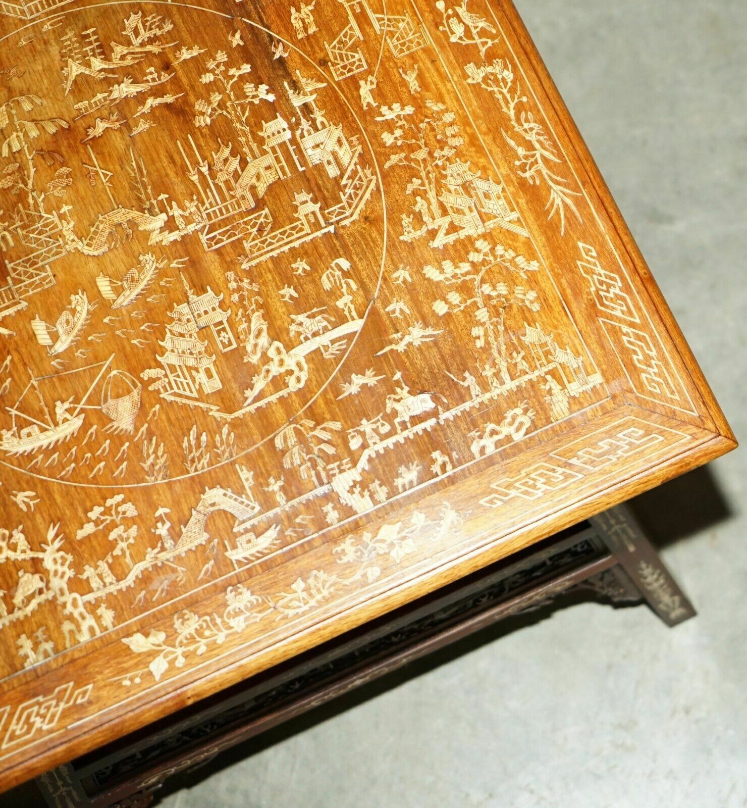 Antique Circa 1900 Ornately Carved And Heavily Inlaid Chinese Occasional Table photo vinterior