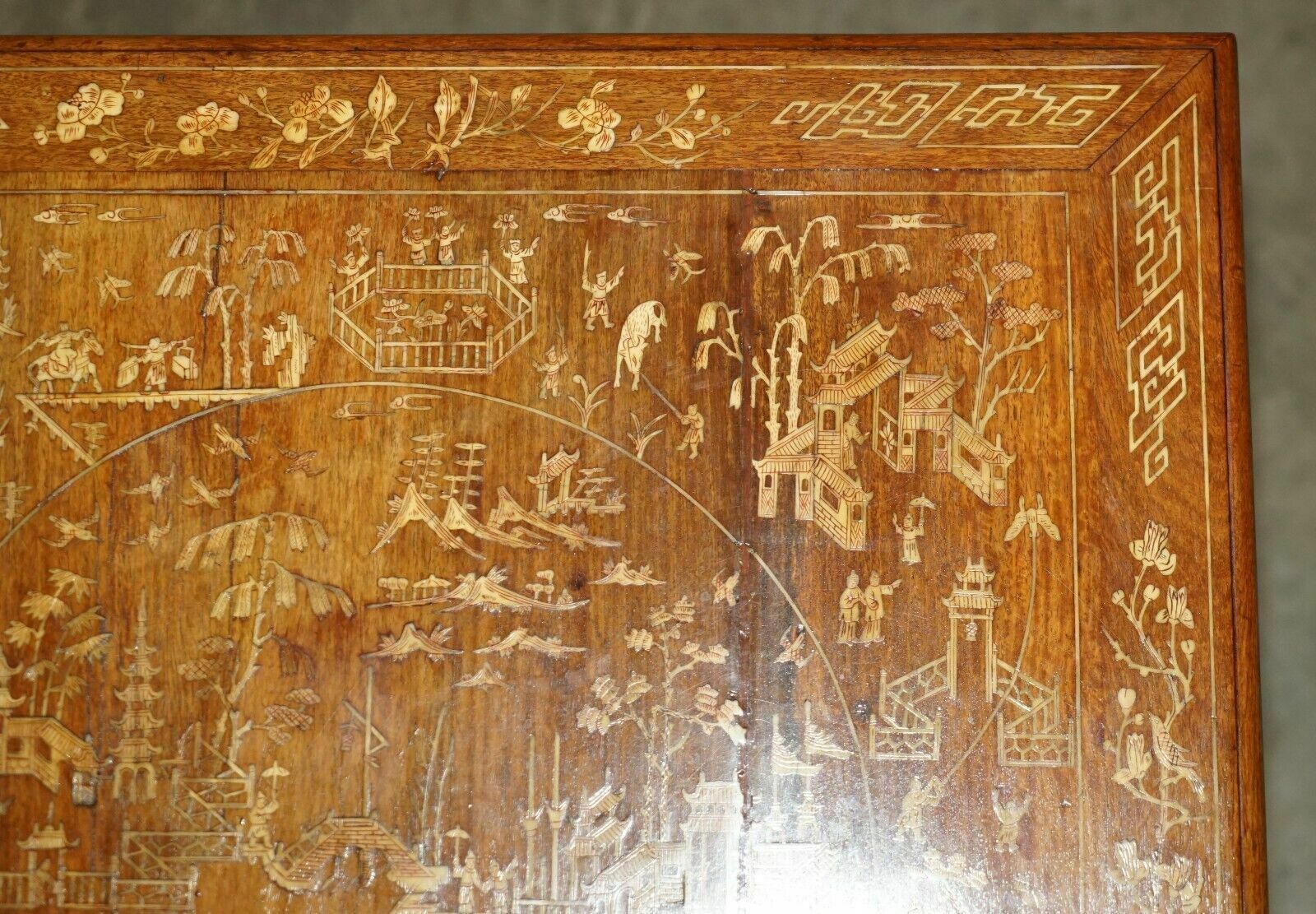 Antique Circa 1900 Ornately Carved And Heavily Inlaid Chinese Occasional Table photo vintage
