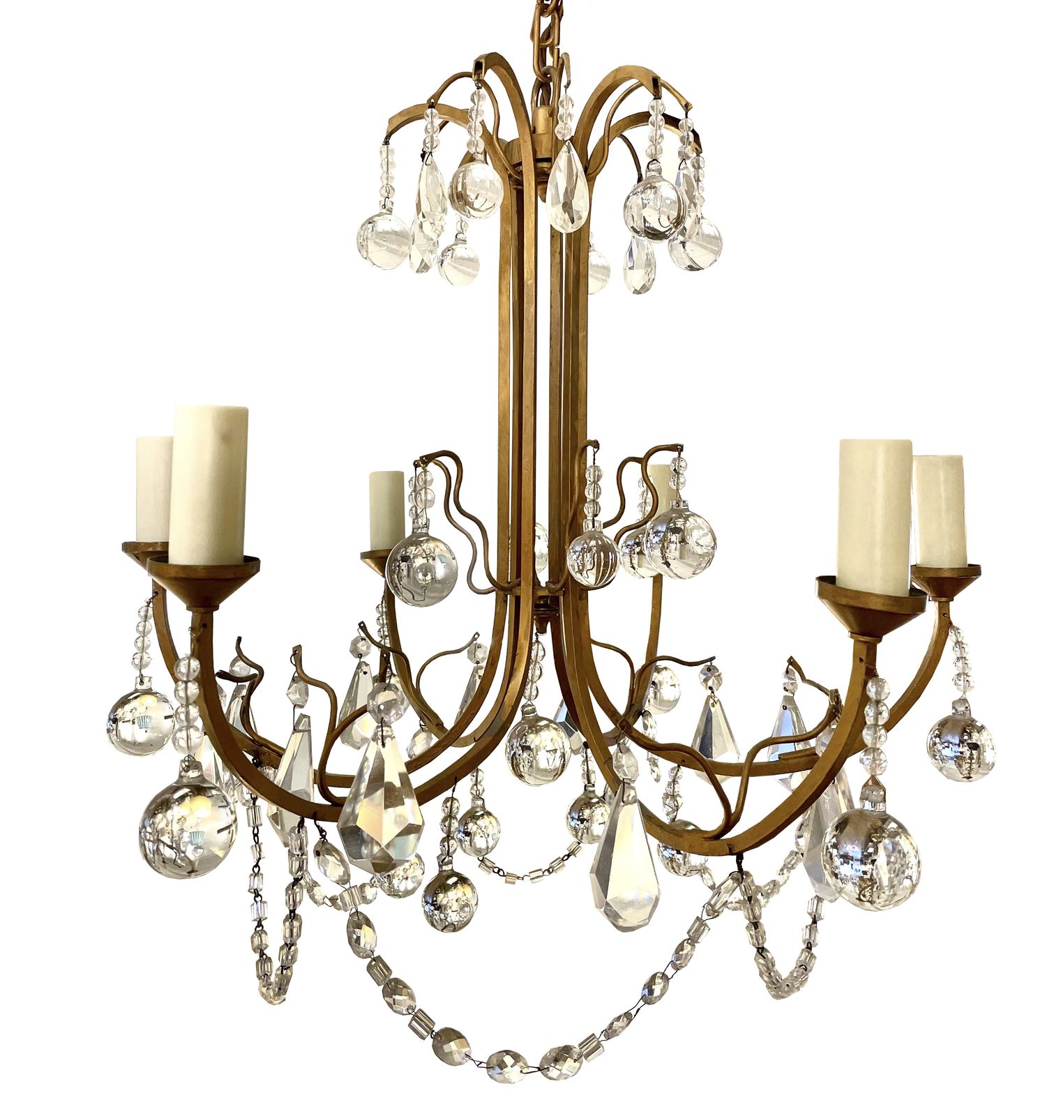 1920's 6 Arm Antique Chandelier, Crystal And Gilt Finish