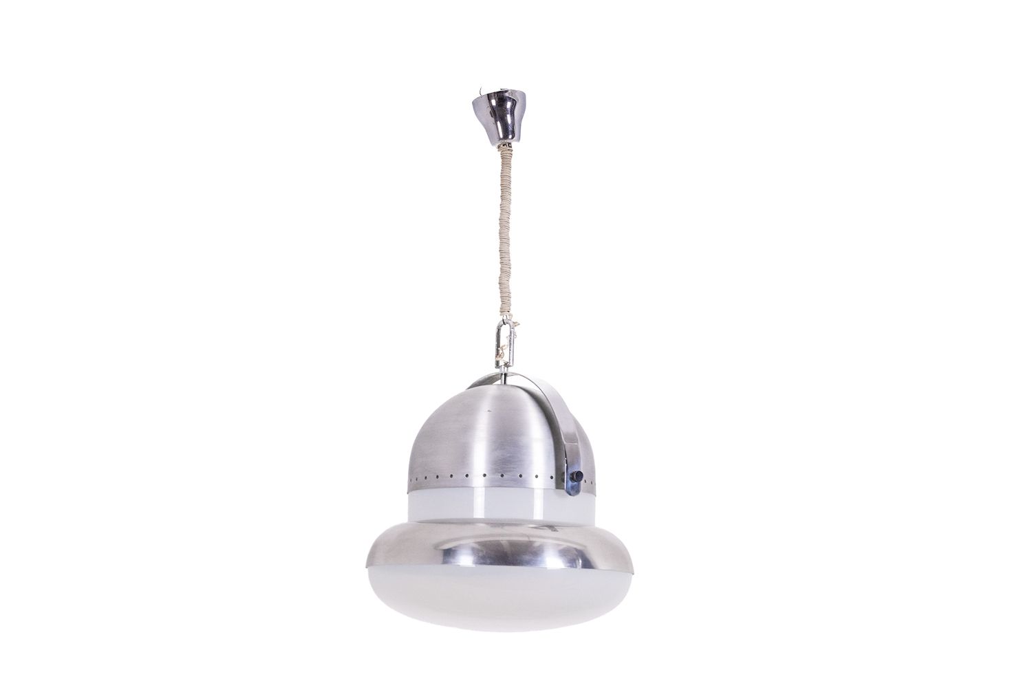 Industrial Style Pendant Light In Brushed And Opaline Metal. 1970s.
