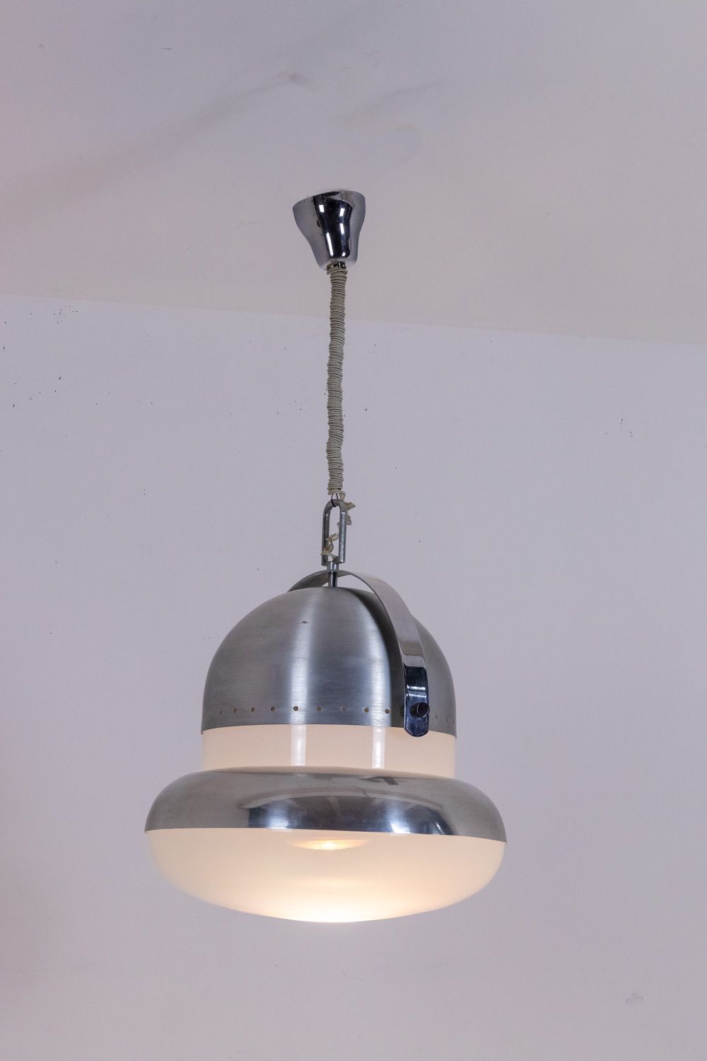 Industrial Style Pendant Light In Brushed And Opaline Metal. 1970s. photo Lighting