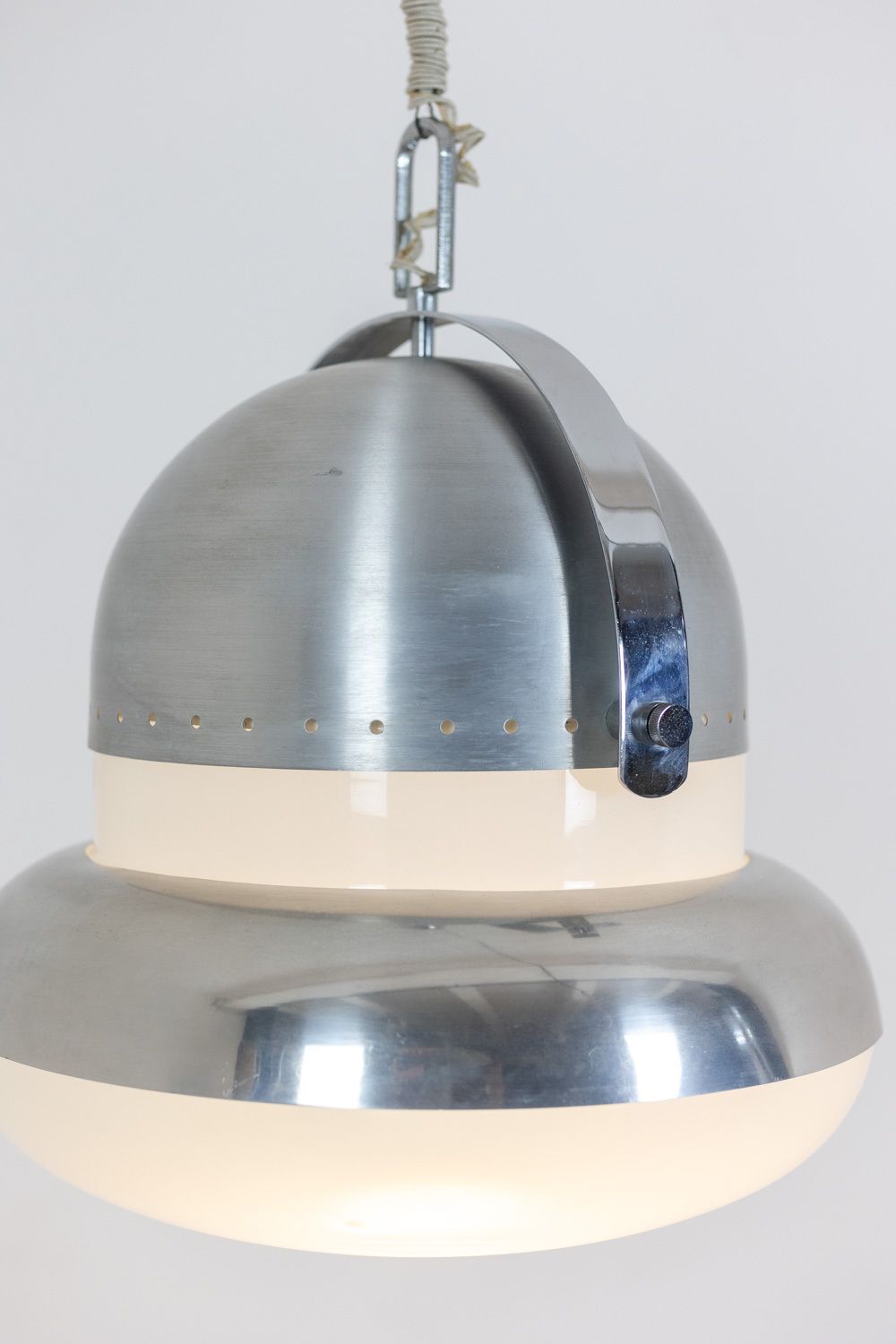 photo furniture Industrial Style Pendant Light In Brushed And Opaline Metal. 1970s.