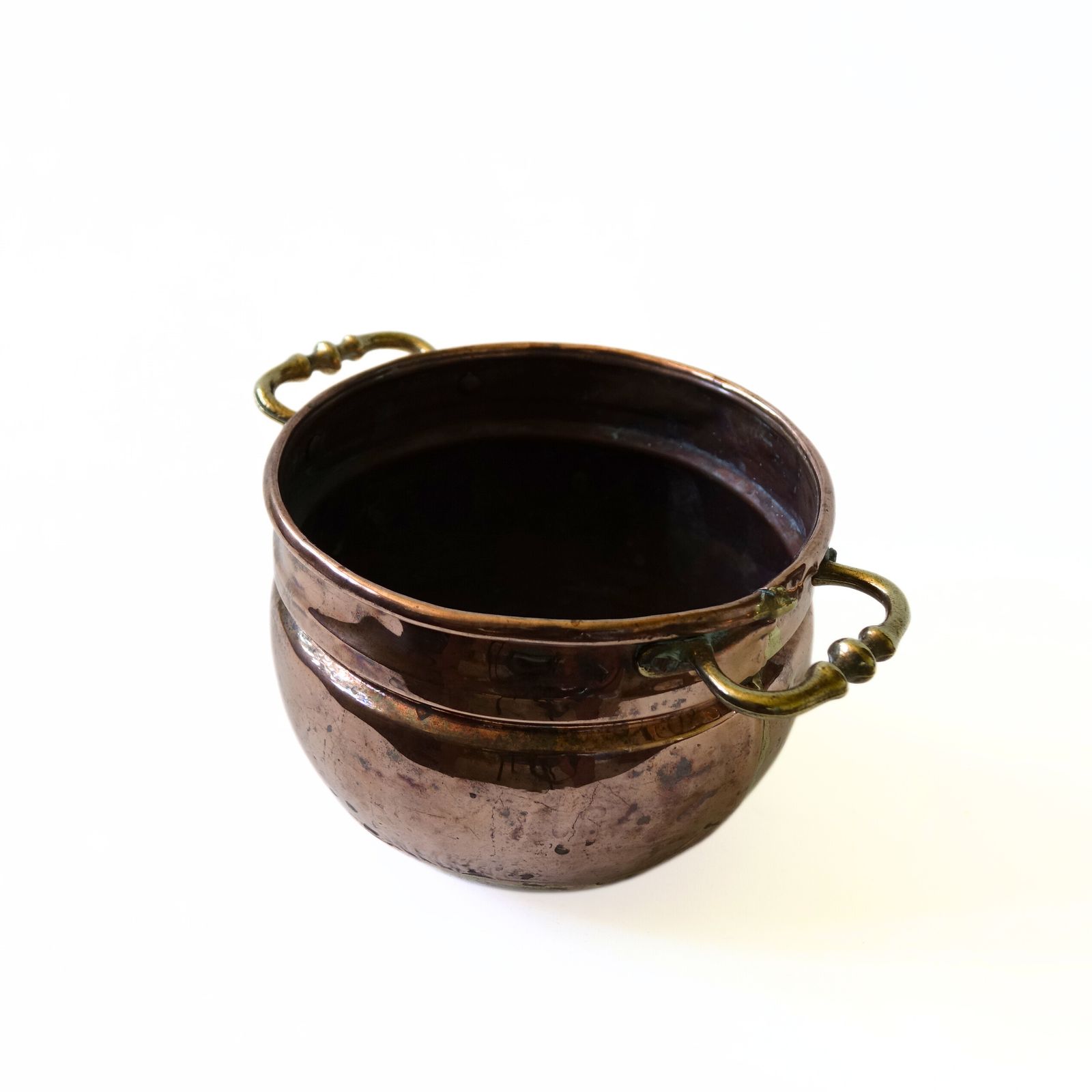 Antique Medium Size Copper Pot With Brass Handles Handmade From Sweden