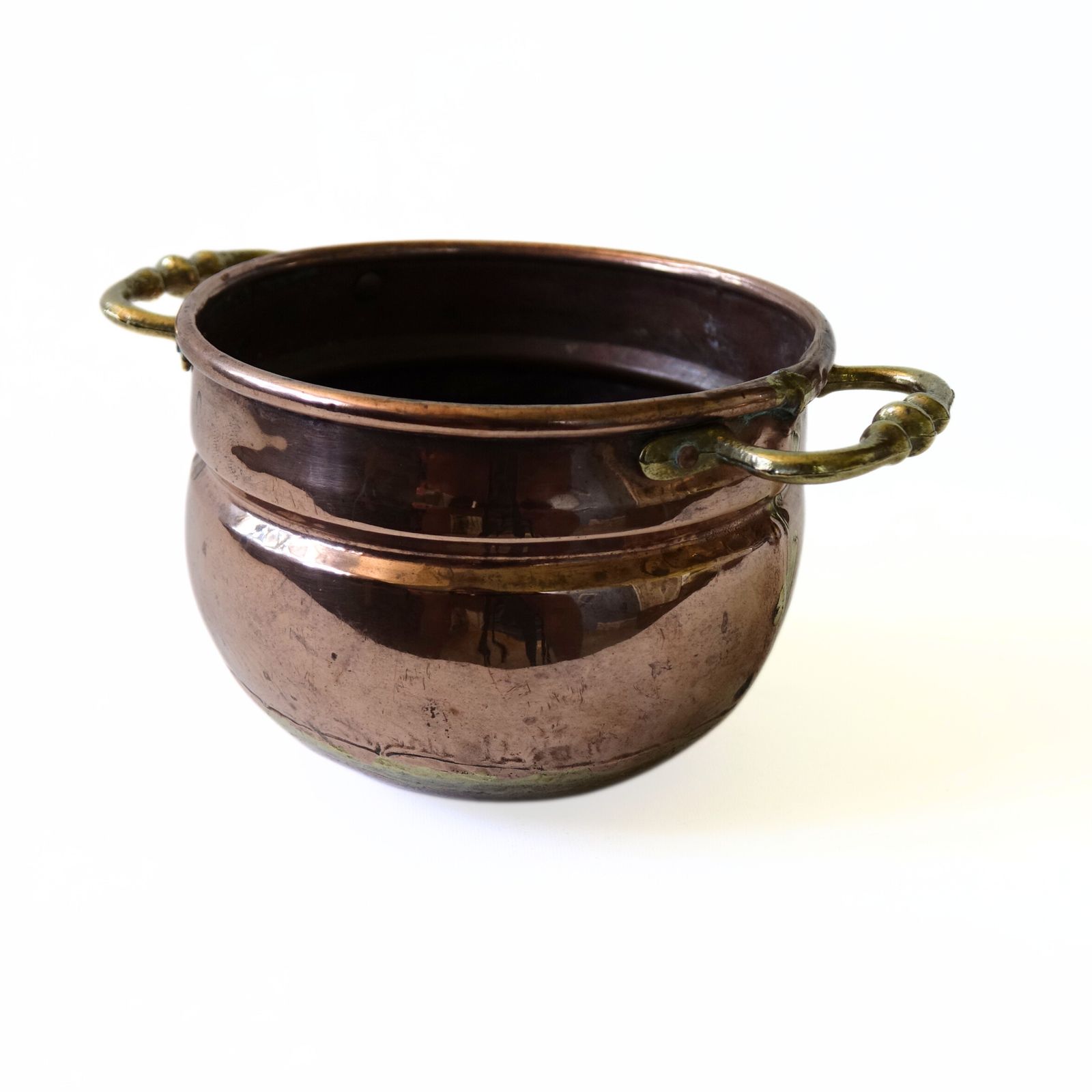 Antique Medium Size Copper Pot With Brass Handles Handmade From Sweden photo for sale