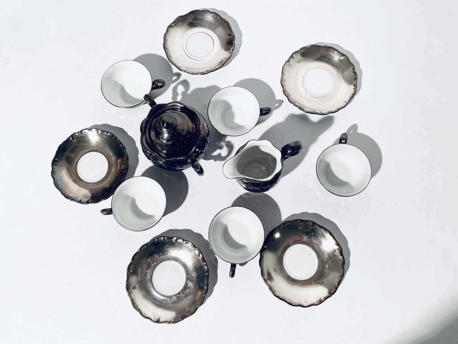 photo for sale Silver Plated Rudolf Wachter Bavaria Porcelain Tea Cup Set With Milk & Sugar Holders / 1920s   1940s
