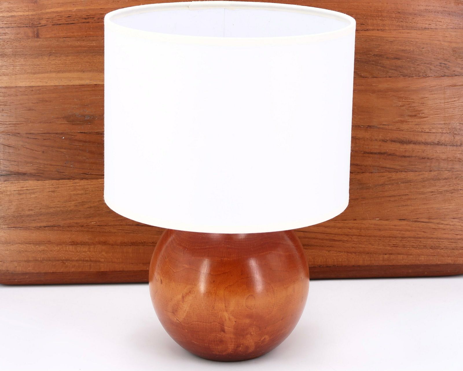 French Wooden Table Lamp, White Lampshade, 1970s / Sphere, End Table, Boho Chic, Folk photo for sale
