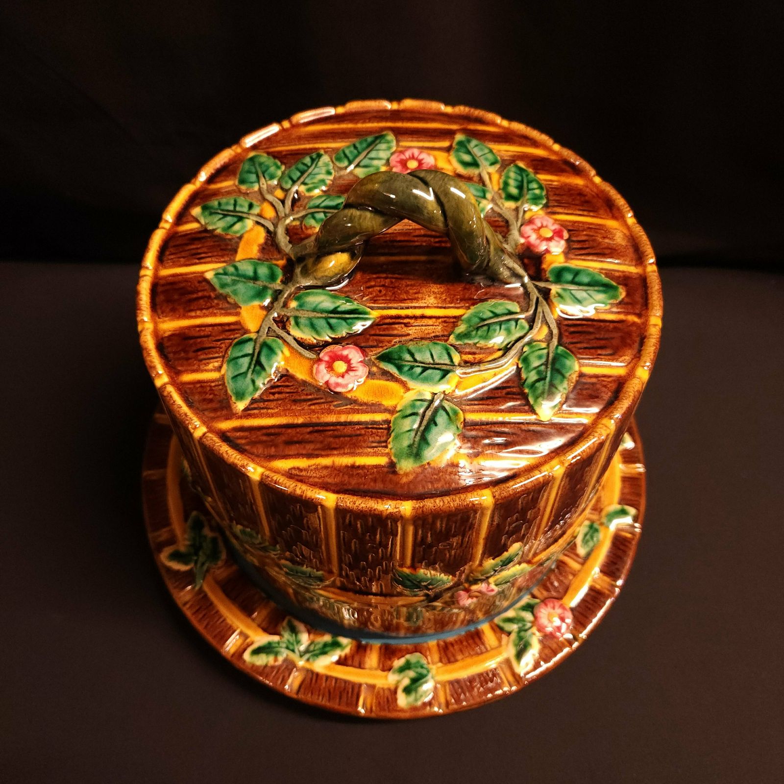 Majolica Cheese Keeper, Fence And Vine, In The Manner Of George Jones Circa Early 1900's photo furniture