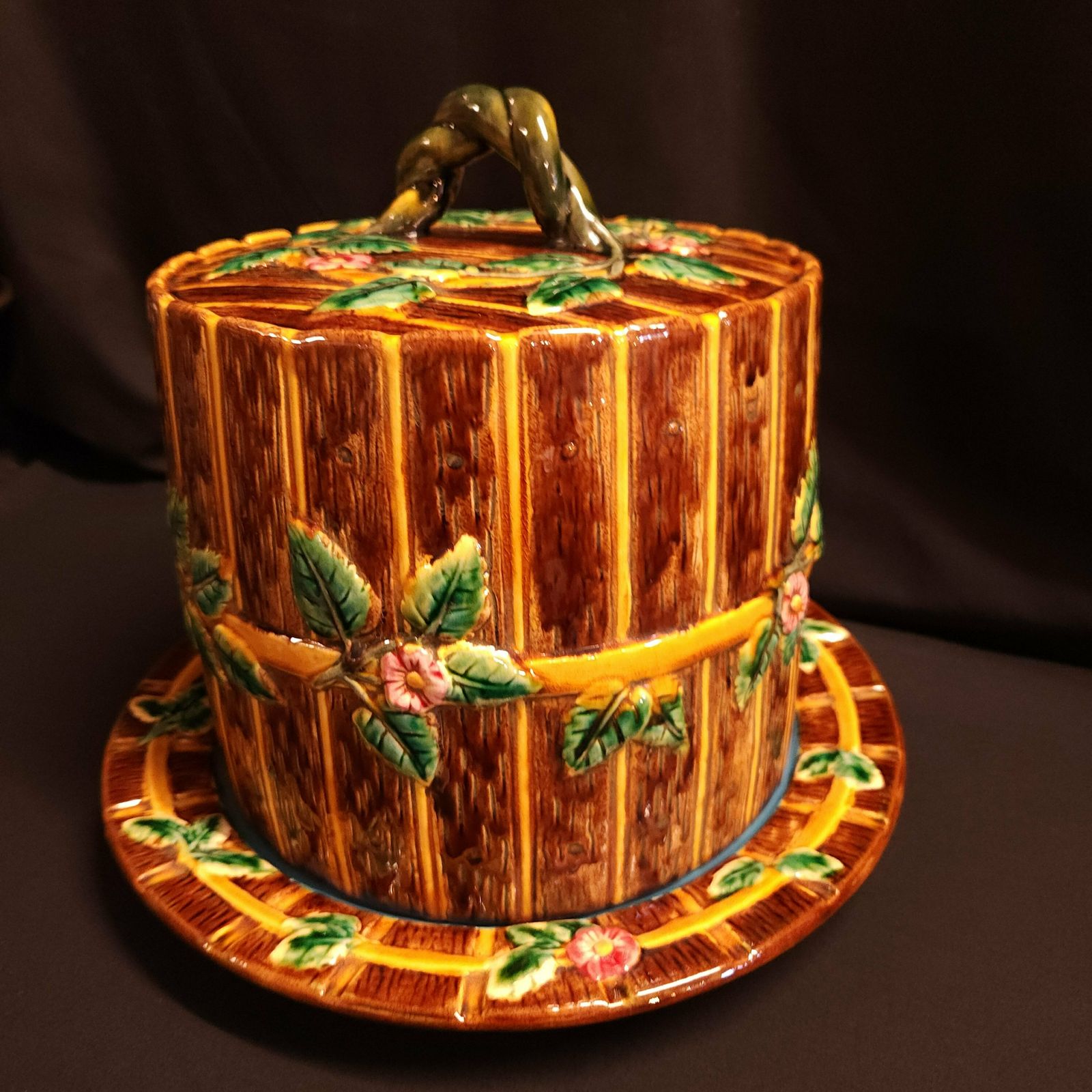 Majolica Cheese Keeper, Fence And Vine, In The Manner Of George Jones Circa Early 1900's photo for sale