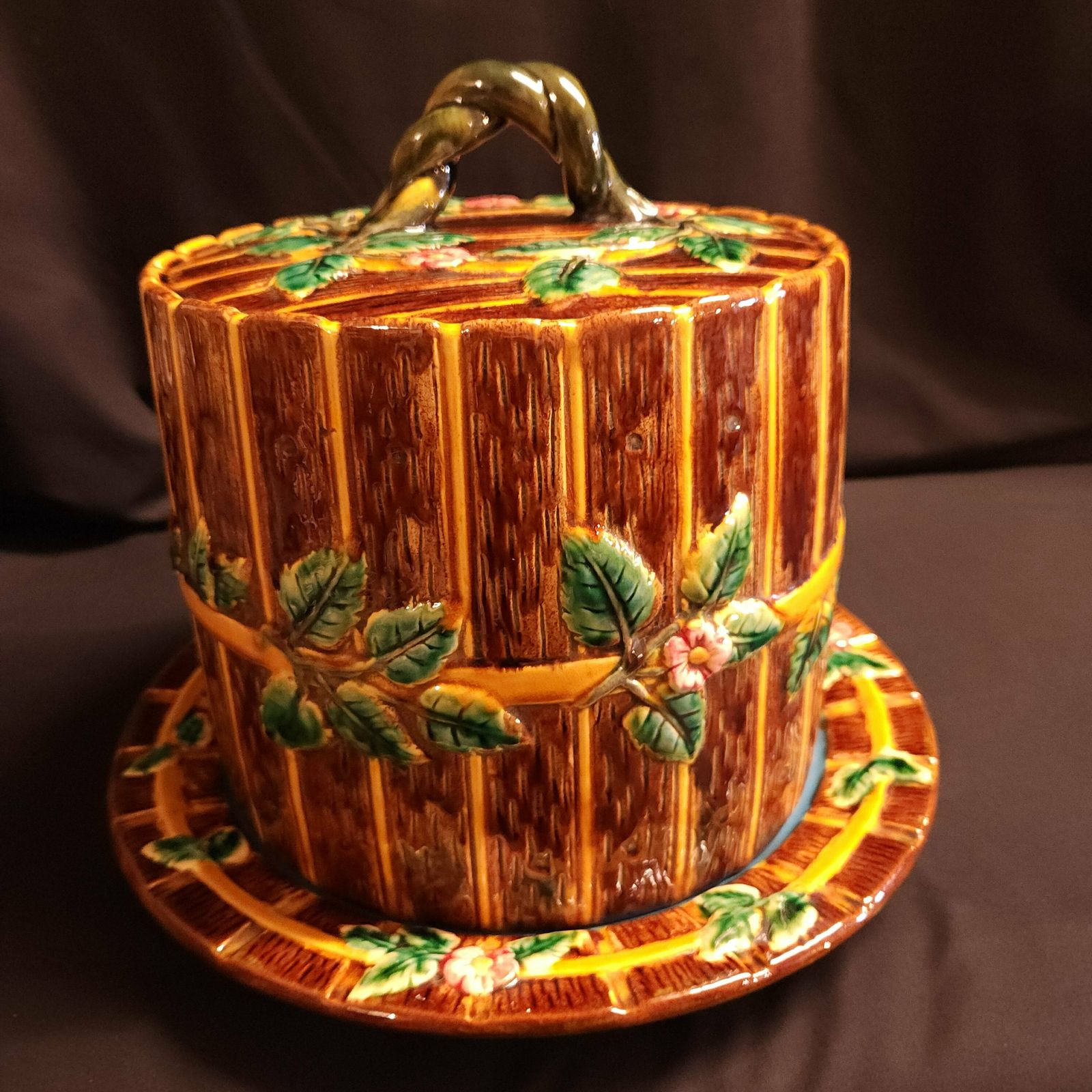 photo for sale Majolica Cheese Keeper, Fence And Vine, In The Manner Of George Jones Circa Early 1900's