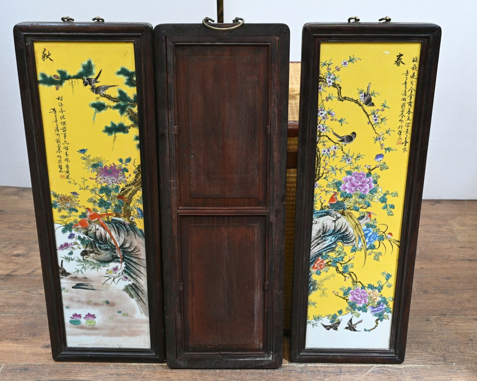 Set Chinese Porcelain Plaques Cranes Famille Jaune Potter photo vintage