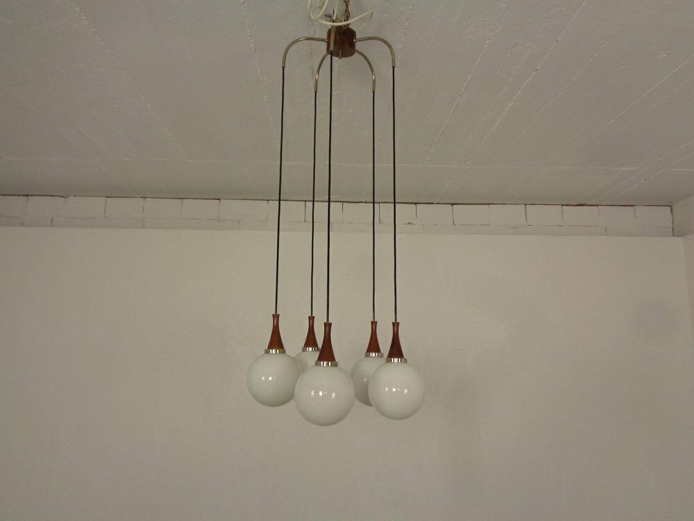 Danish Glass And Rosewood Cascade Ceiling Lamp, 1960s