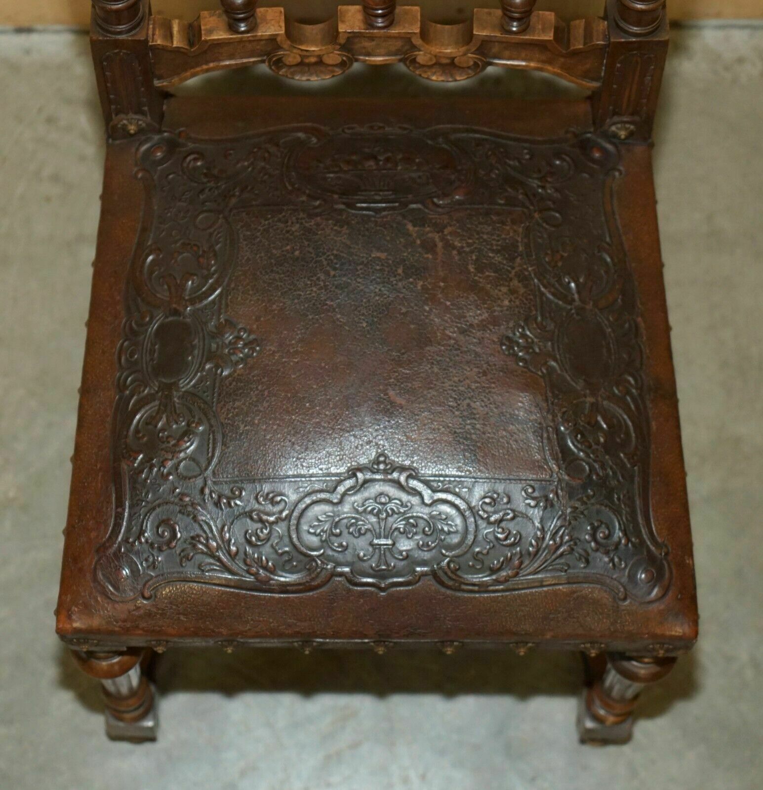 photo for sale Lovely Set Of 6 Henry II Circa 1880 French Oak & Embossed Leather Dining Chairs
