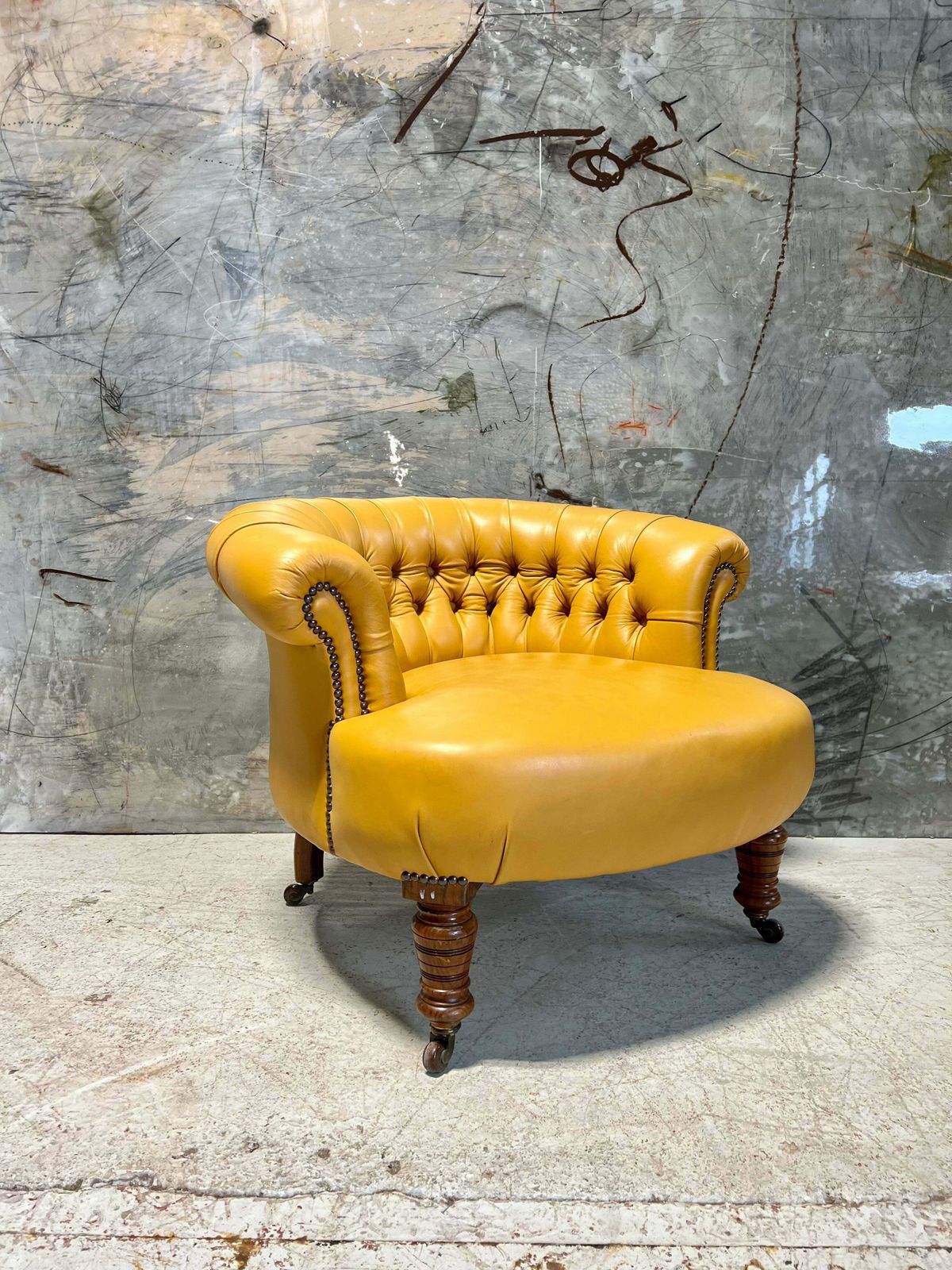 A Very Neat Antique 19thc Tub Side Chair In Yellow Leathers photo for sale