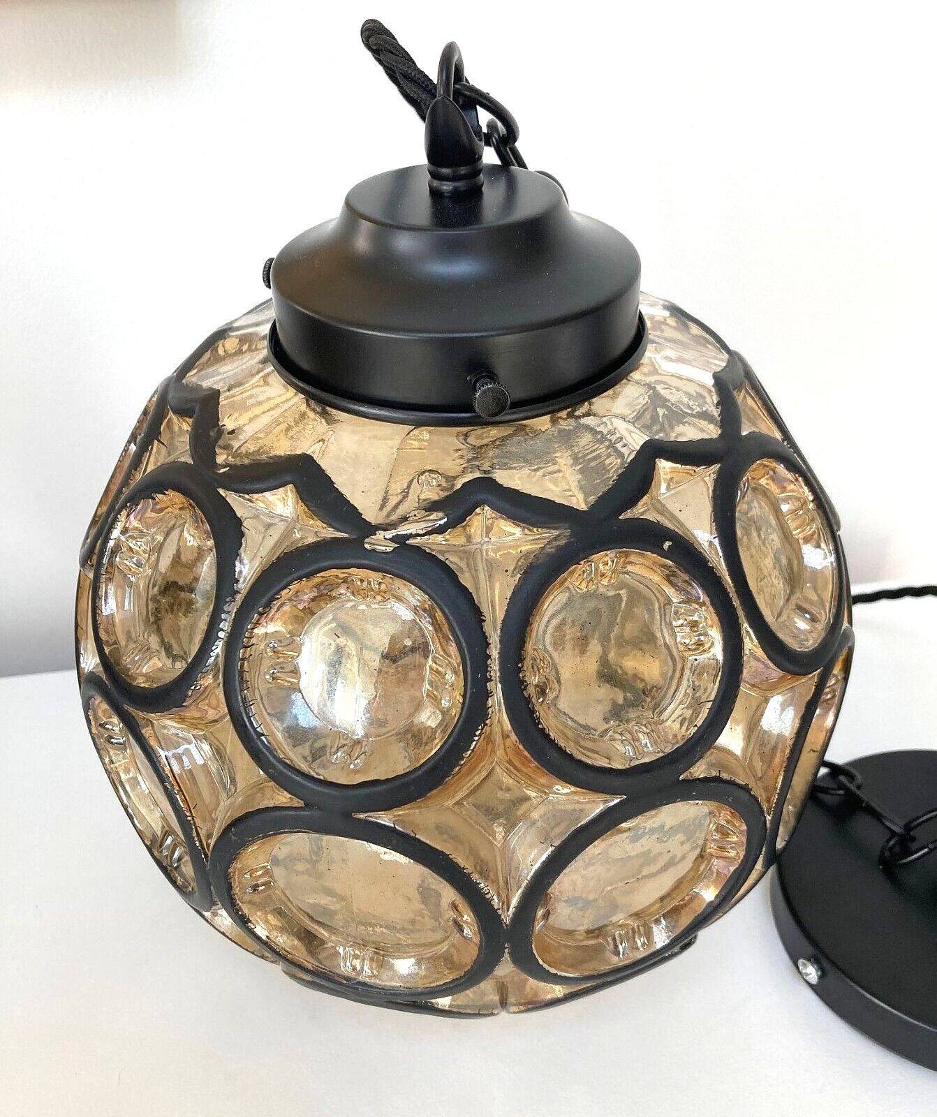 Vintage Amber Glass Ceiling Light Shade Complete Fitting Rewired photo 85.0