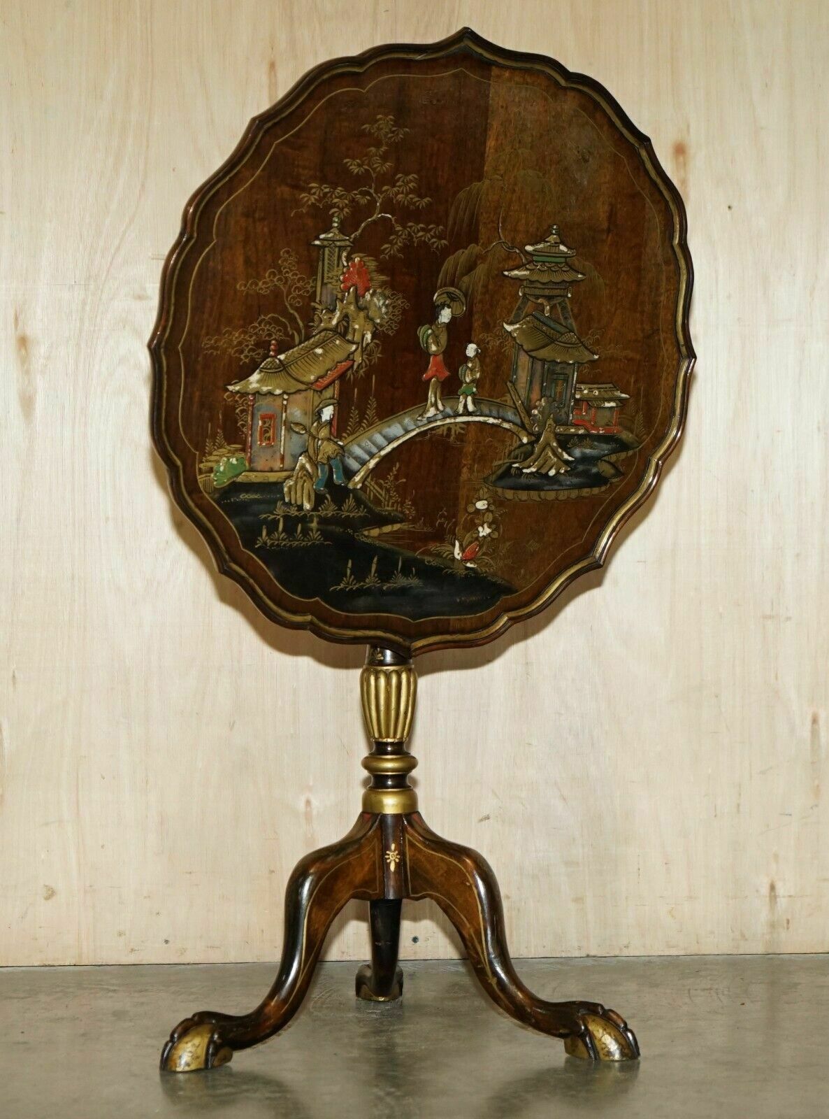 Antique Circa 1900 Chinese Chinoiserie Tilt Top Side End Table Claw & Ball Feet photo furniture