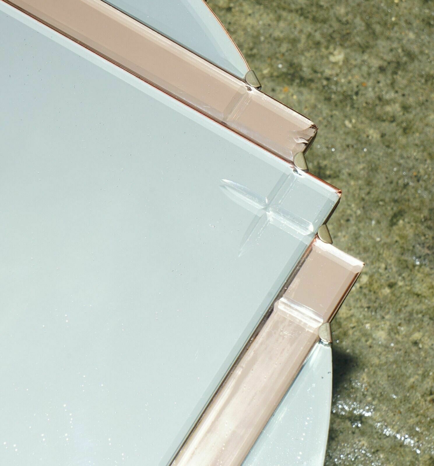 Sublime Antique Circa 1920's Metropolitan Art Deco Peach Glass Wall Mirror photo for sale