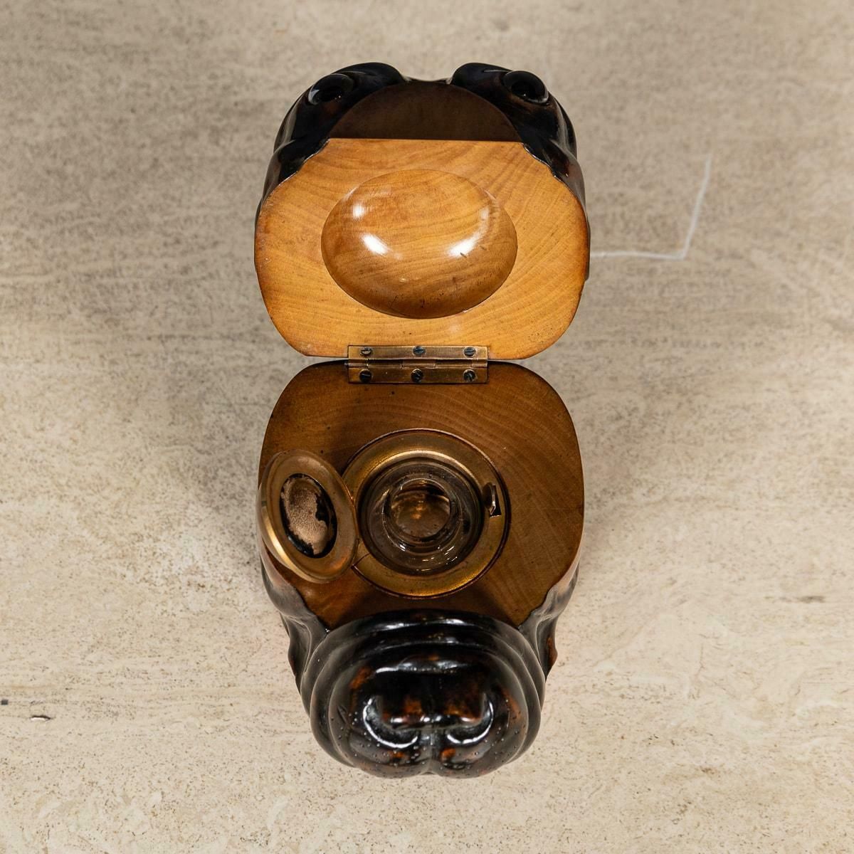 Antique 20thc Lignum Vitae Bulldog Inkwell Jar C.1910 photo vintage