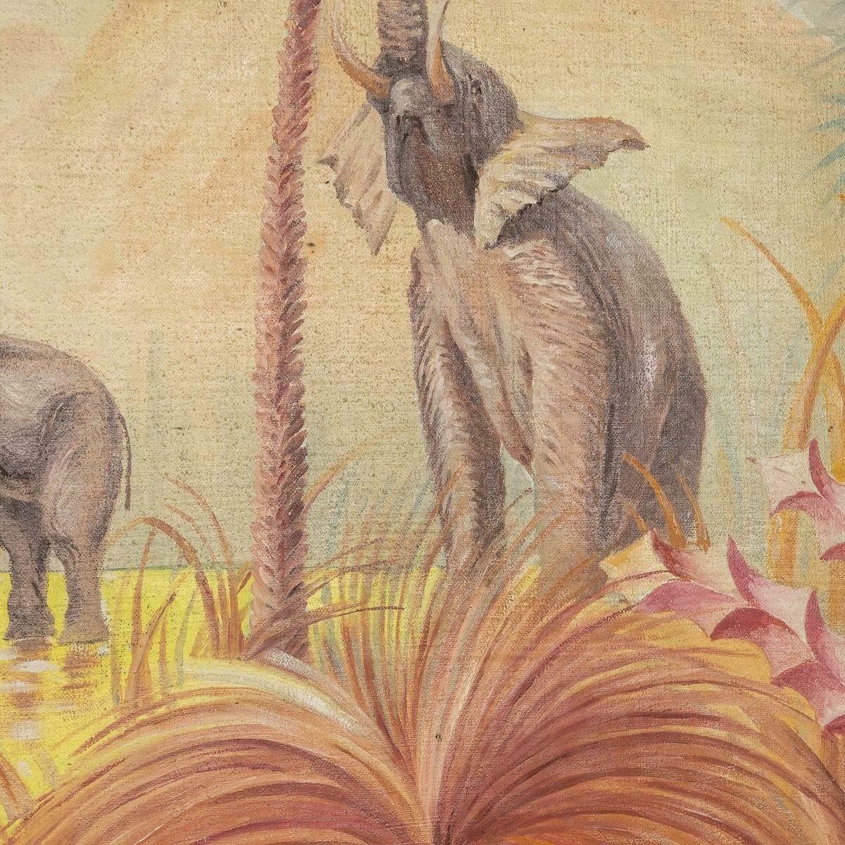 Vintage 20th Century Framed Oil On Canvas Elephant Family Painting C.1960 photo vintage