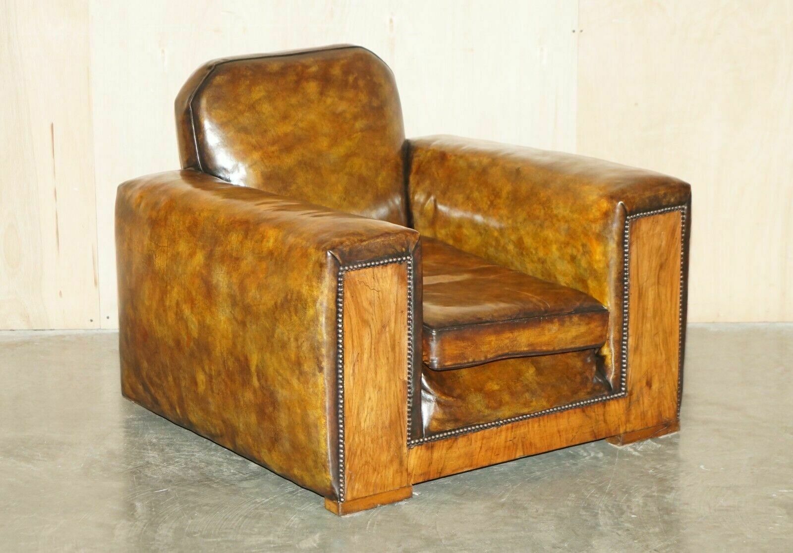 Fully Restored Antique Art Deco Brown Leather Walnut Framed Club Odeon Armchair