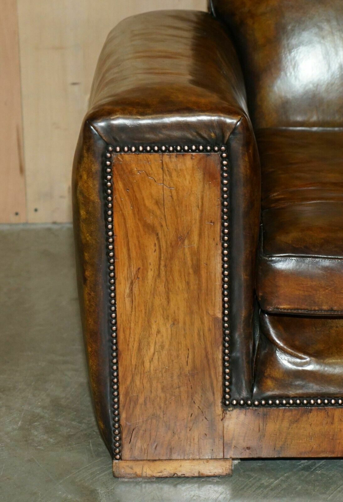 Fully Restored Antique Art Deco Brown Leather Walnut Framed Club Odeon Armchair photo for sale