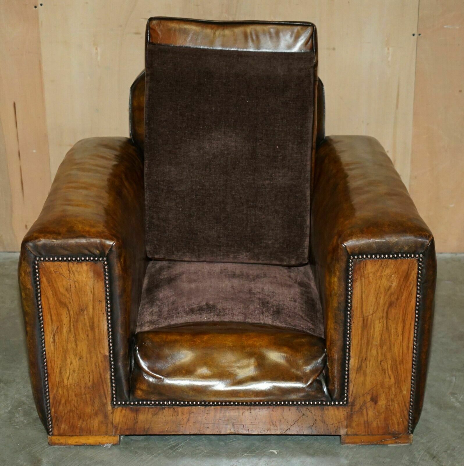 photo buy Fully Restored Antique Art Deco Brown Leather Walnut Framed Club Odeon Armchair