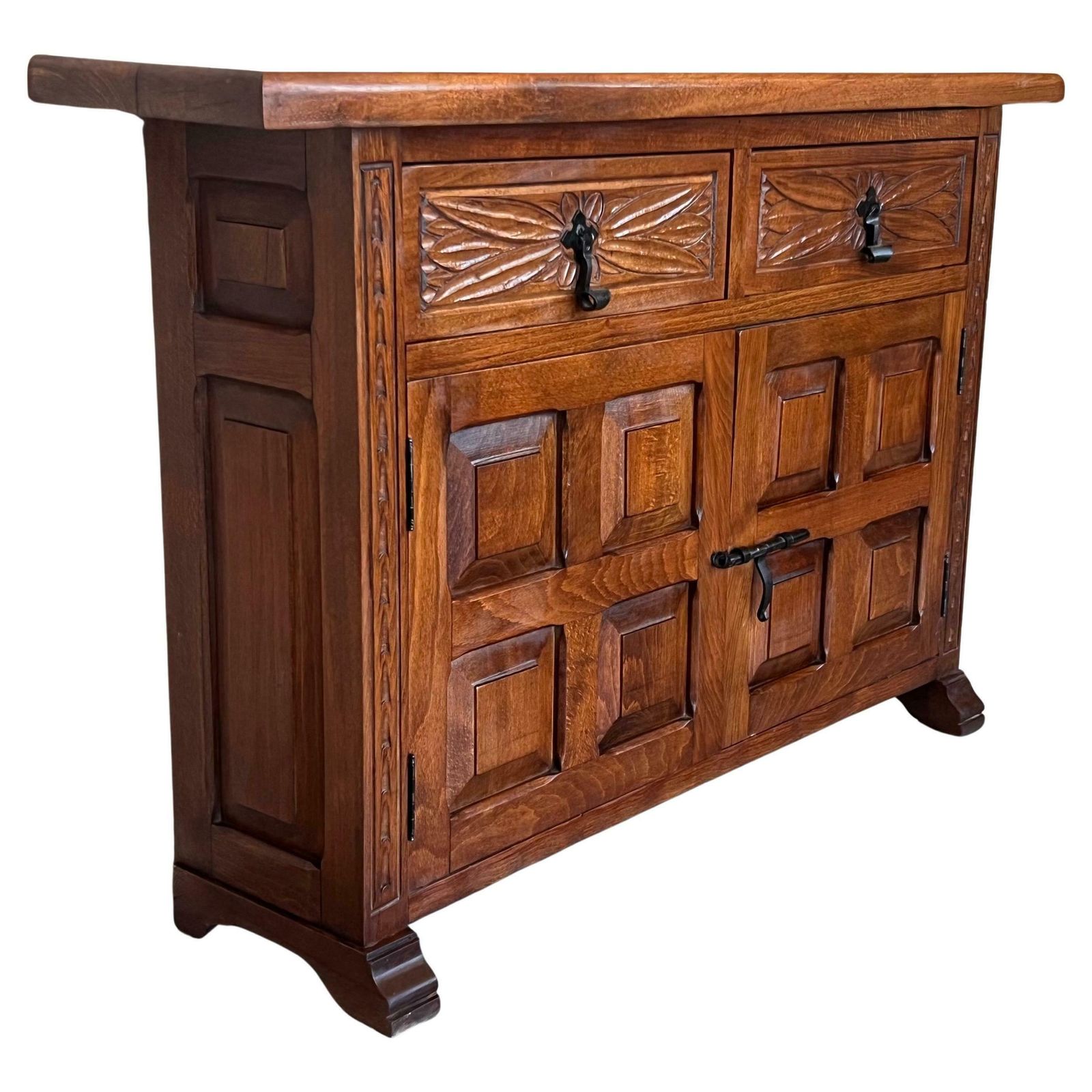 19th Spanish Narrow Baroque Carved Walnut Tuscan Two Drawer Credenza Or Buffet