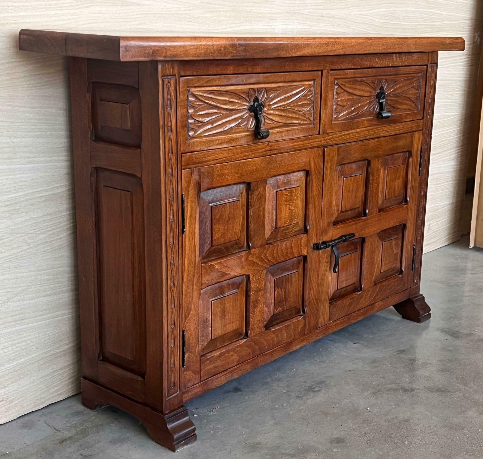 19th Spanish Narrow Baroque Carved Walnut Tuscan Two Drawer Credenza Or Buffet photo 2549.0