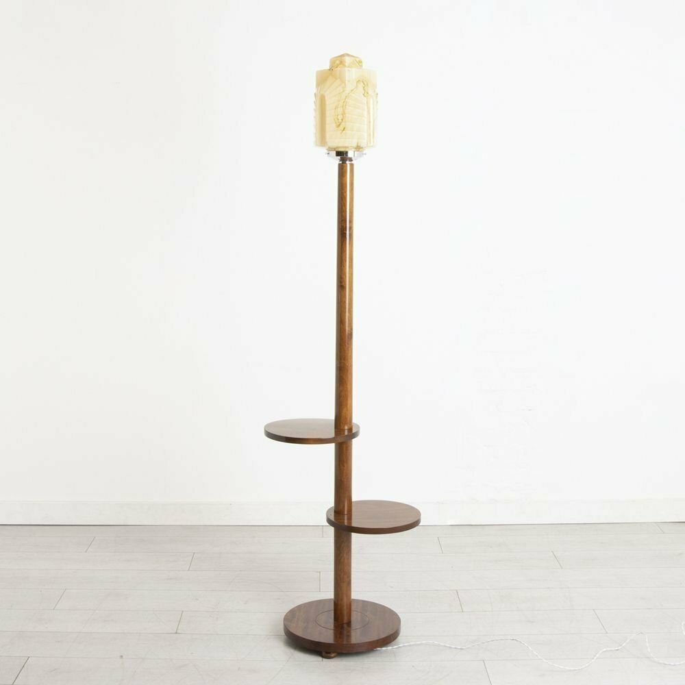 Art Deco Table Floor Lamp With Original Marbled Carmel Chrysler Building Style Skyscraper Shade C.1930
