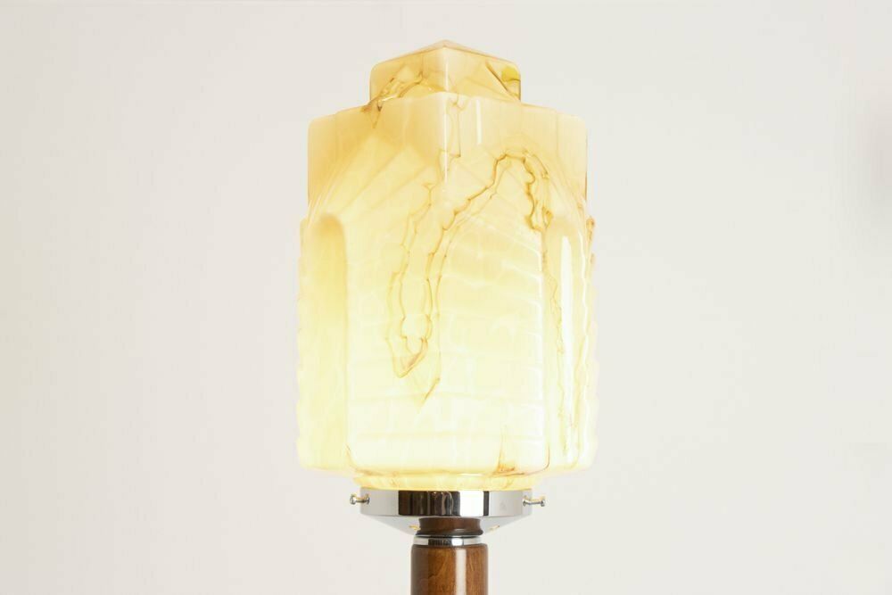 Art Deco Table Floor Lamp With Original Marbled Carmel Chrysler Building Style Skyscraper Shade C.1930 photo vintage