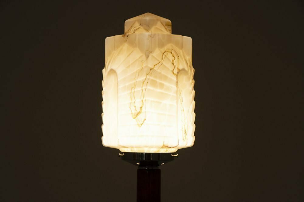 Lighting Art Deco Table Floor Lamp With Original Marbled Carmel Chrysler Building Style Skyscraper Shade C.1930 photo