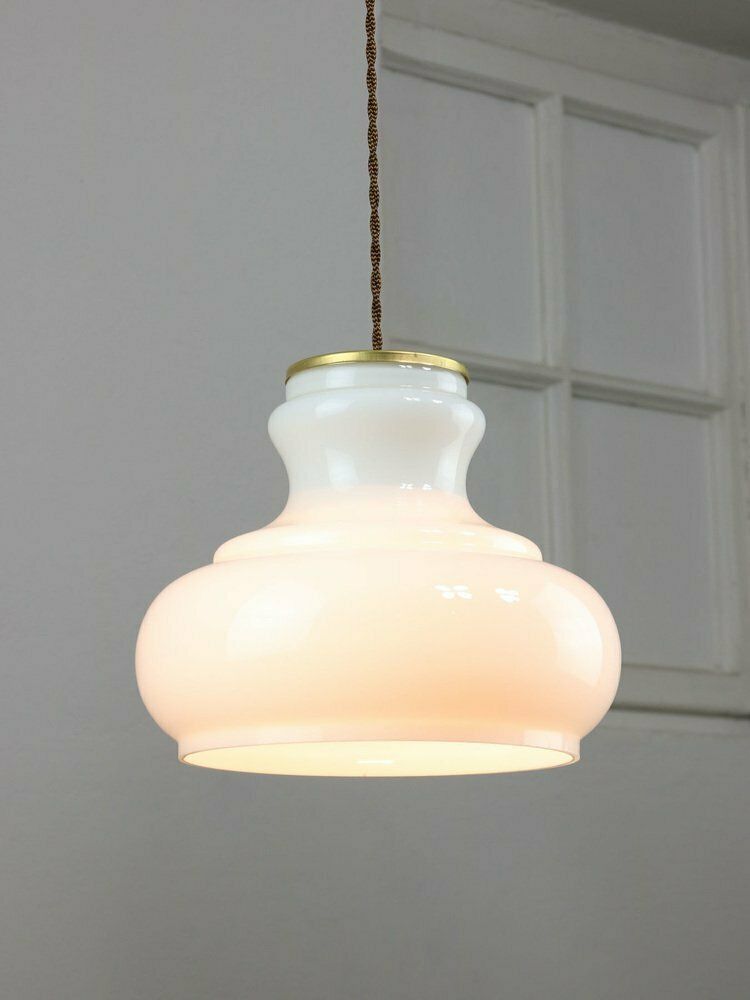 Mid Century Italian Brass And Opaline Pendant Lamp photo for sale