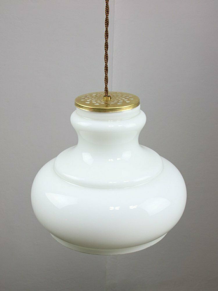Mid Century Italian Brass And Opaline Pendant Lamp photo Lighting
