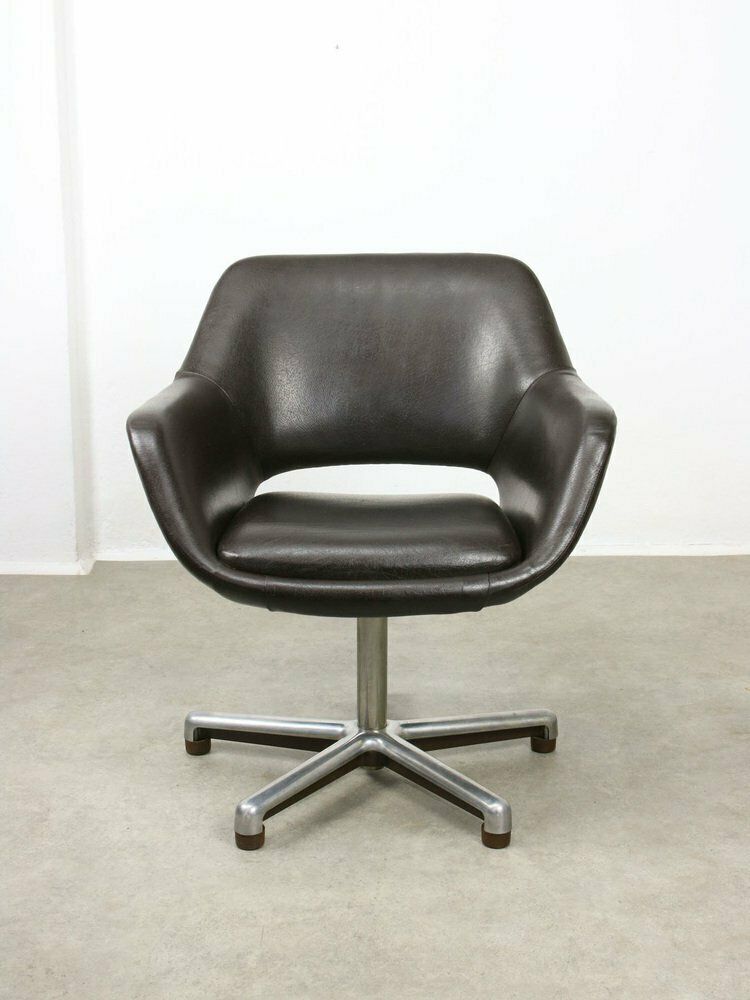 Mid Century Chocolate Brown Leather Swivel Chair photo vintage