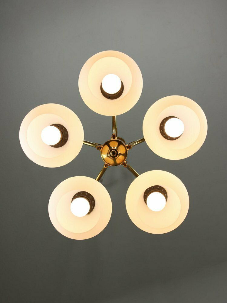 Mid Century Italian Brass And Opaline Chandelier photo vintage