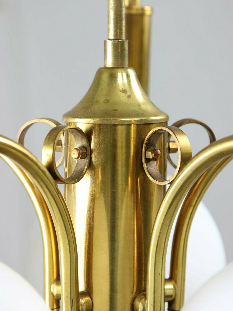 858.0 Mid Century Italian Brass And Opaline Chandelier photo