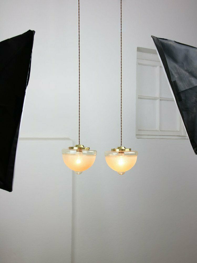 photo vinterior Mid Century Italian Brass And Glass Pendant Lamps, Set Of 2