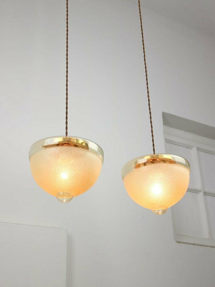 photo buy Mid Century Italian Brass And Glass Pendant Lamps, Set Of 2