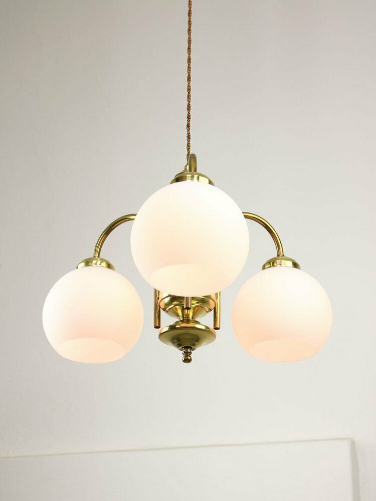 Mid Century Italian Brass And Opaline Chandelier photo for sale