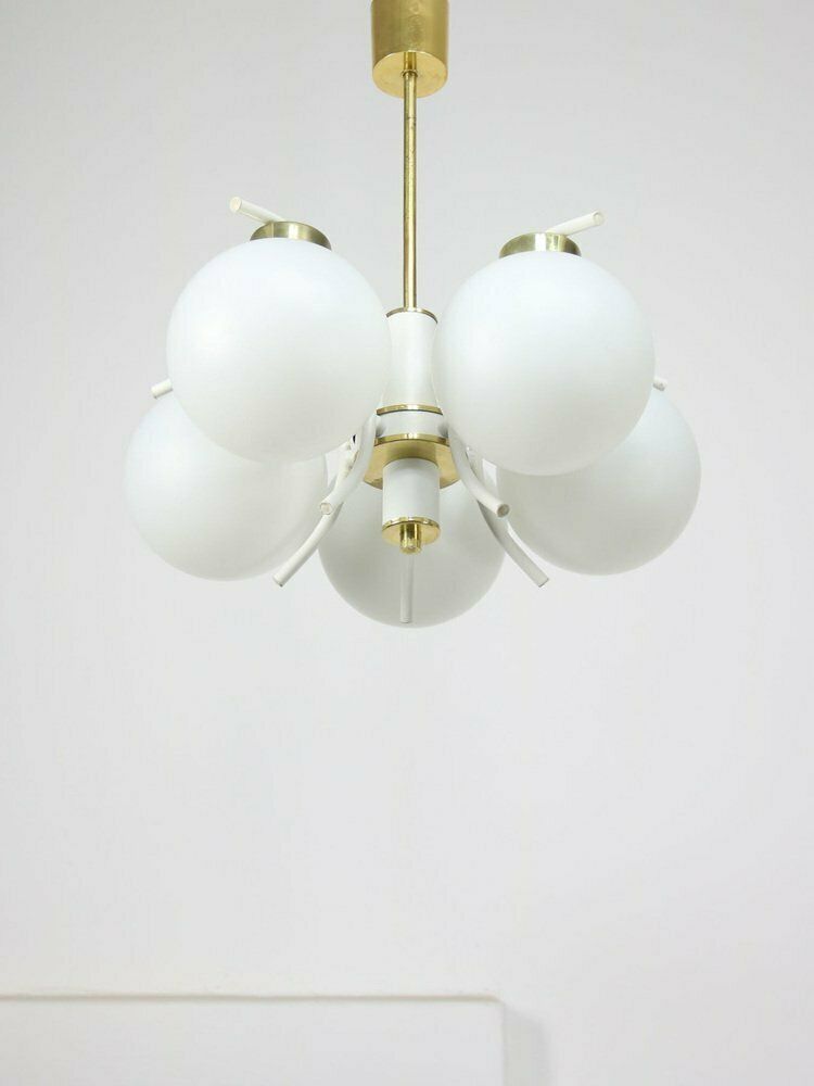 Mid Century Italian Modern Brass And Opaline Chandelier