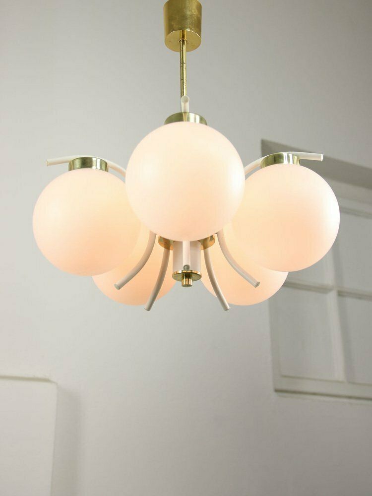 803.0 Mid Century Italian Modern Brass And Opaline Chandelier photo